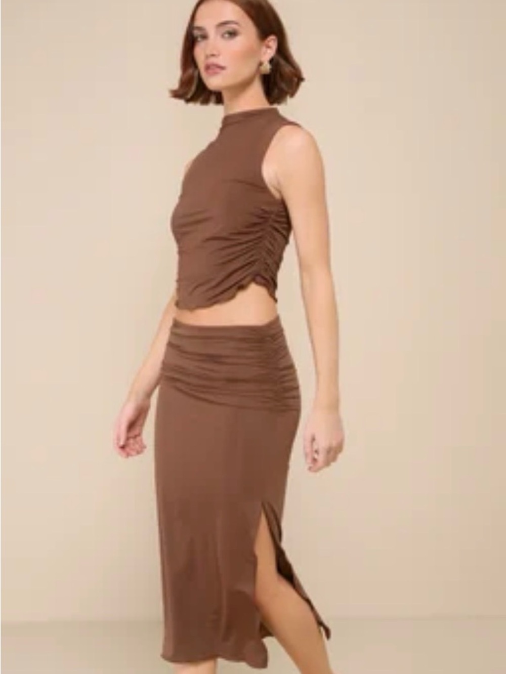 Lulu's Chocolate Brown Ruched 2 piece Midi Skirt with Side Slit